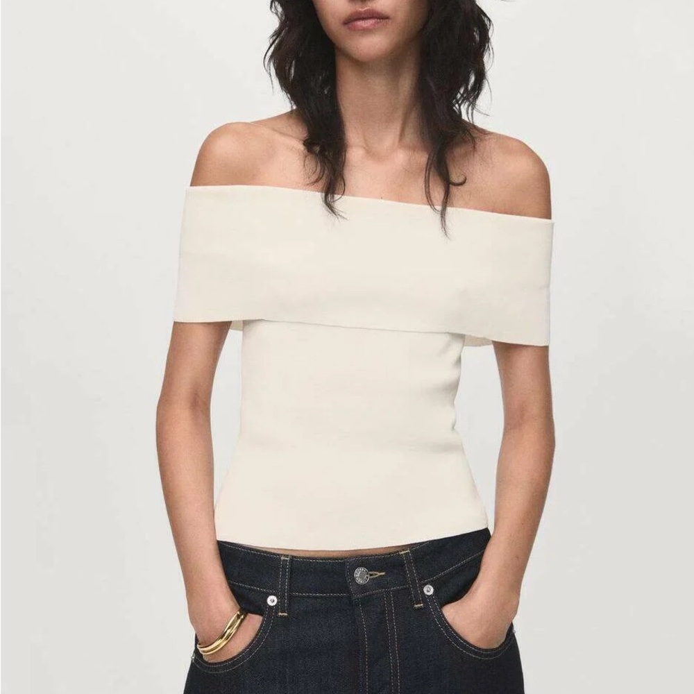 Mango cream white off the shoulder ribbed knit top M